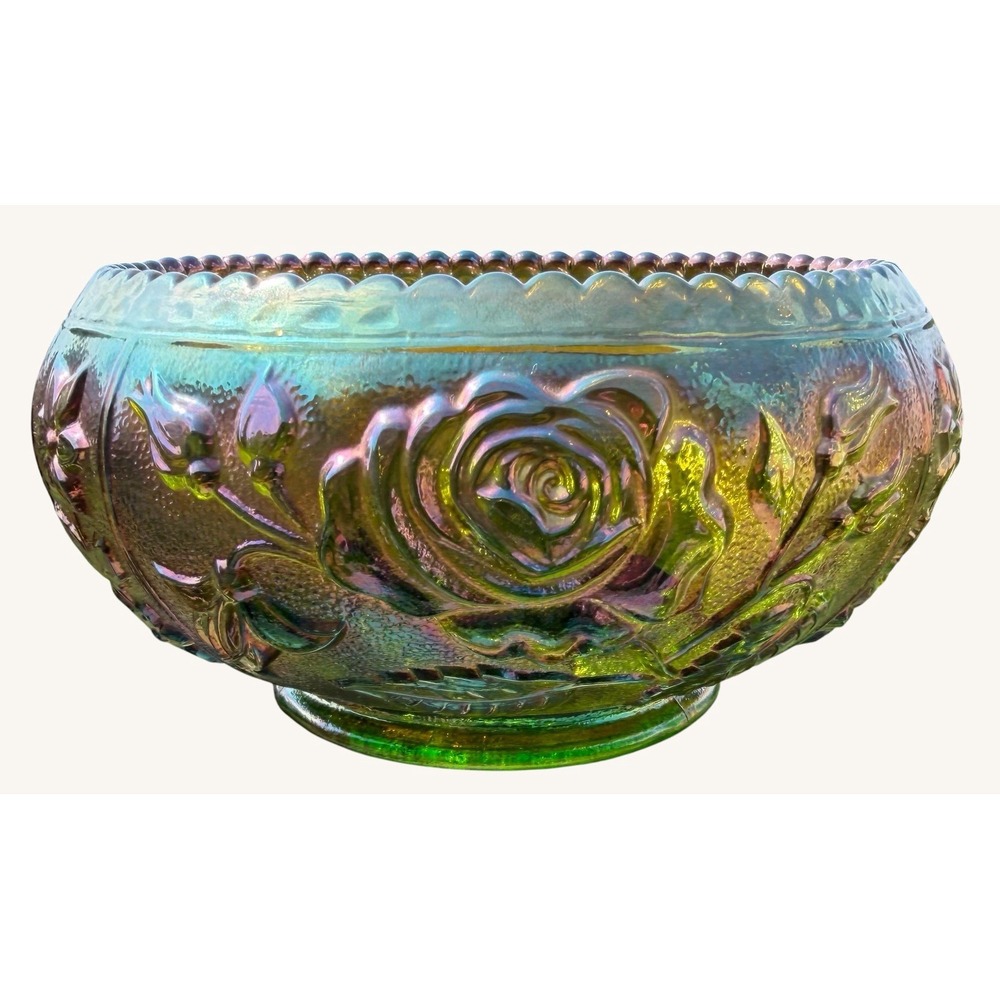Vintage Imperial Glass Helios Green Carnival Glass Open Rose Bowl Iridescent